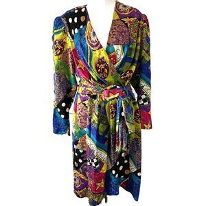 Vintage 1980s Multicolor Patchwork Silk Jacquard Wrap Dress Size Medium